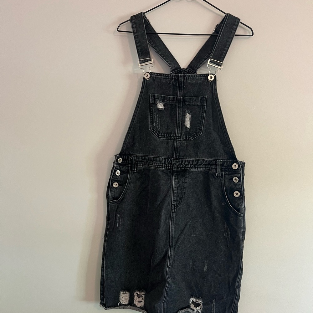 Black Distressed Denim Overall Dress